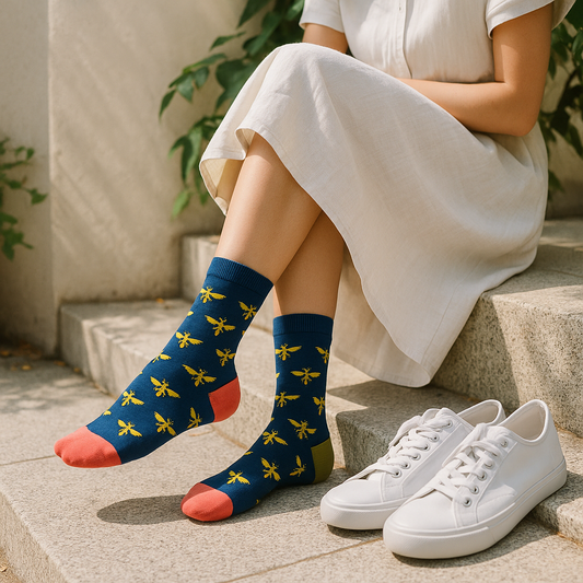 Navy Bee-Pattern Socks with Coral Toe & Olive Heel