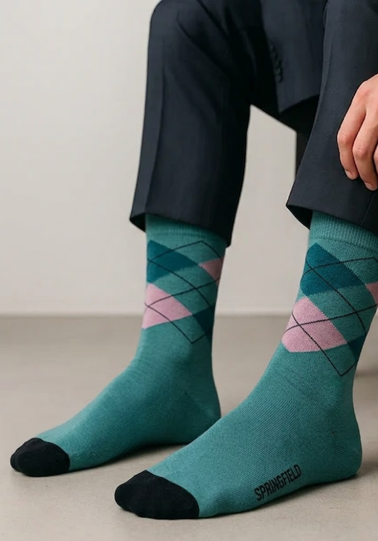 Teal Argyle Crew Socks with Lavender & Forest Green Accents