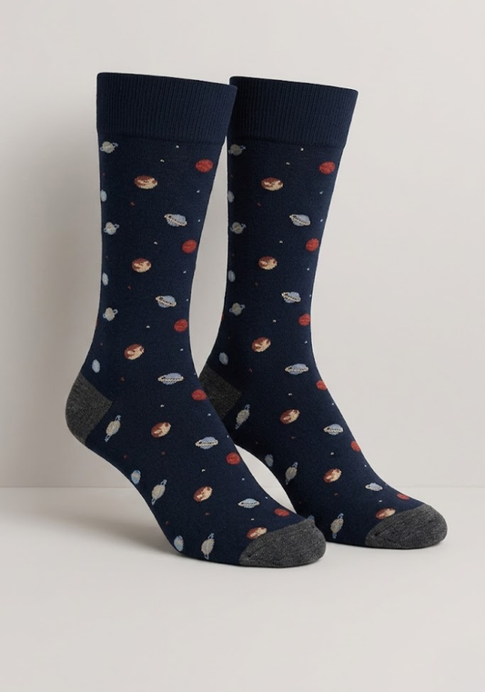 Navy Celestial Crew Socks with Multi-Color Planet Print