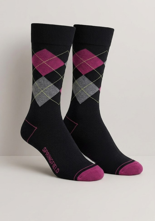 Black Argyle Crew Socks with Magenta & Grey Diamonds