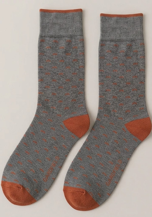 Grey Heather Crew Socks with Burnt Orange Abstract Motif