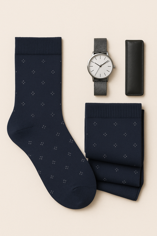Navy Blue Patterned Dress Socks