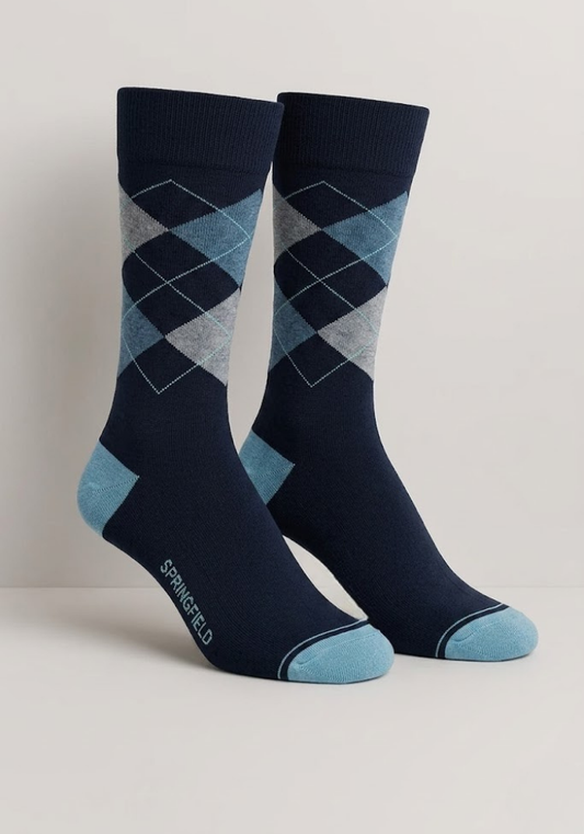 Navy Argyle Crew Socks with Slate Blue & Teal Diamonds