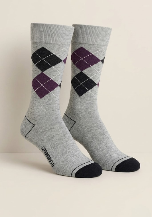 Light Grey Argyle Crew Socks with Deep Purple & Charcoal Accents