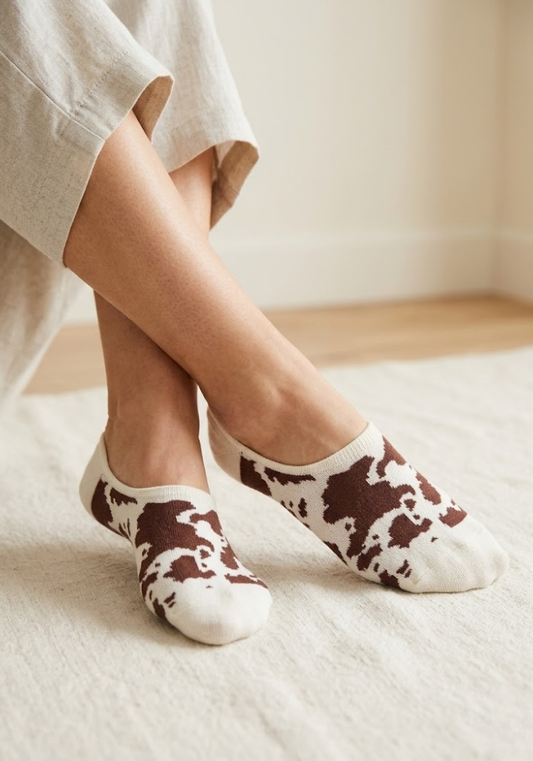 Brown Cow Print Ankle Socks – Cream Cotton Blend
