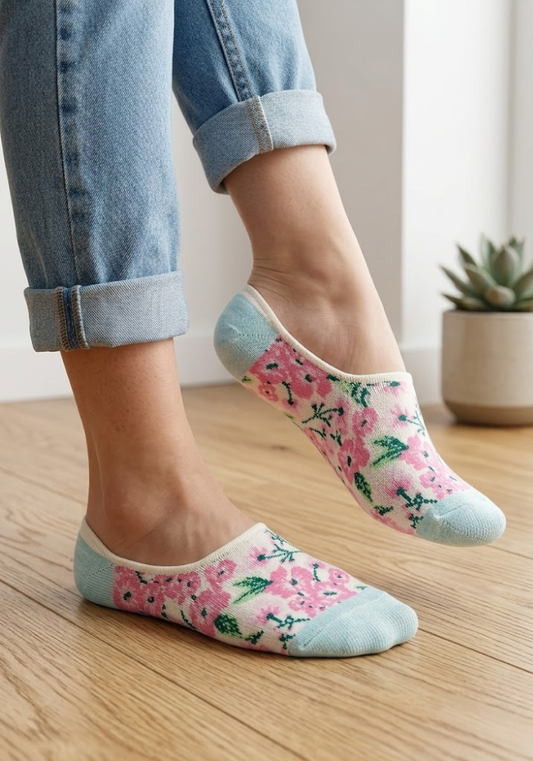 Pastel Floral Socks with Sky Blue Accents
