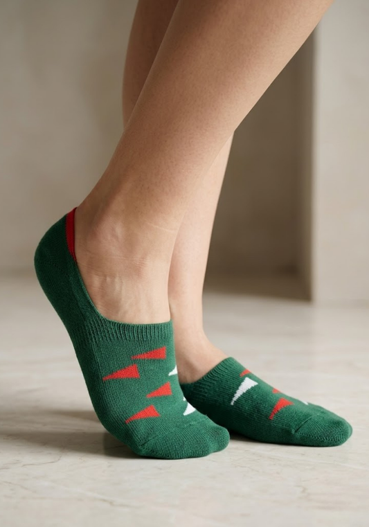 Forest Green Geometric Socks with Red & White Accents