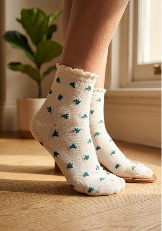 Botanical Sprig Lettuce-Edge Ankle Socks
