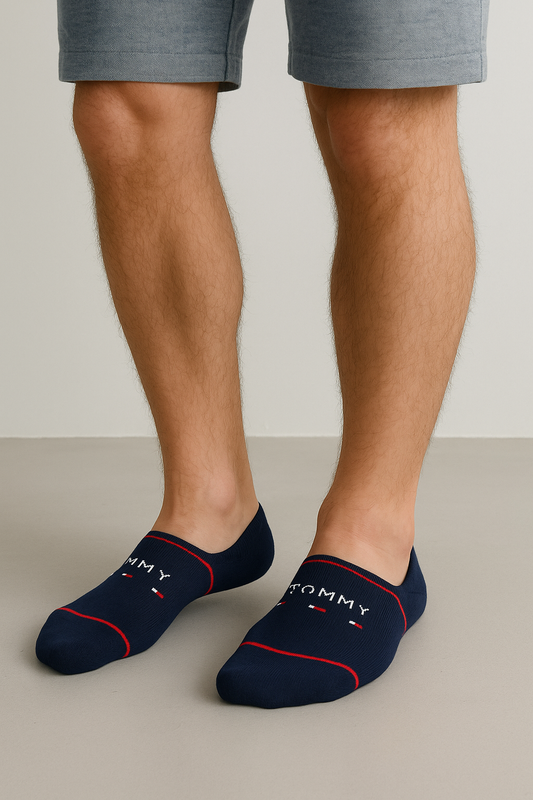 Navy Footie Socks with Red & White Stripes