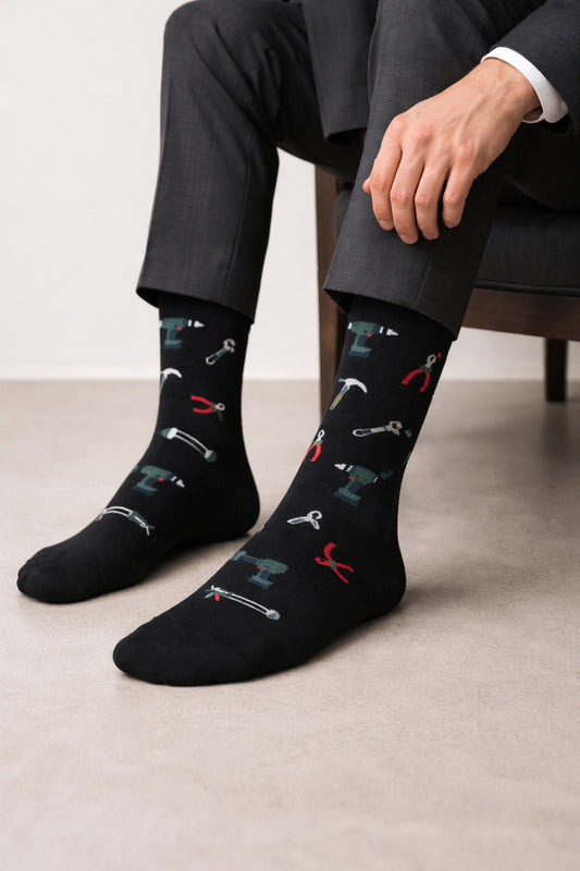 Black Graphic Pattern Crew Socks