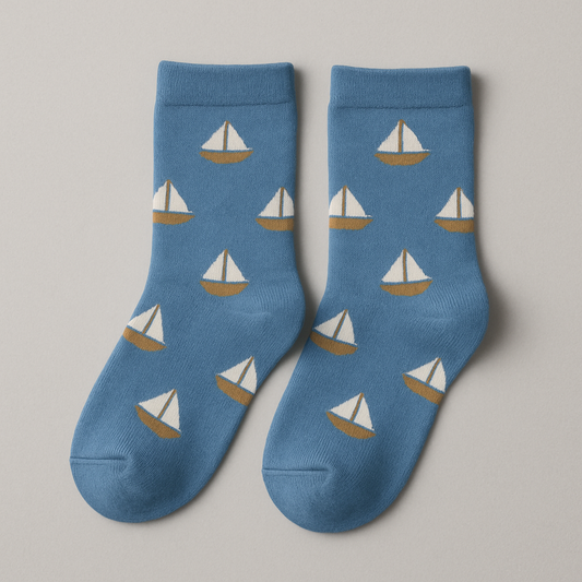 Kids Blue Socks with Sailboat Pattern