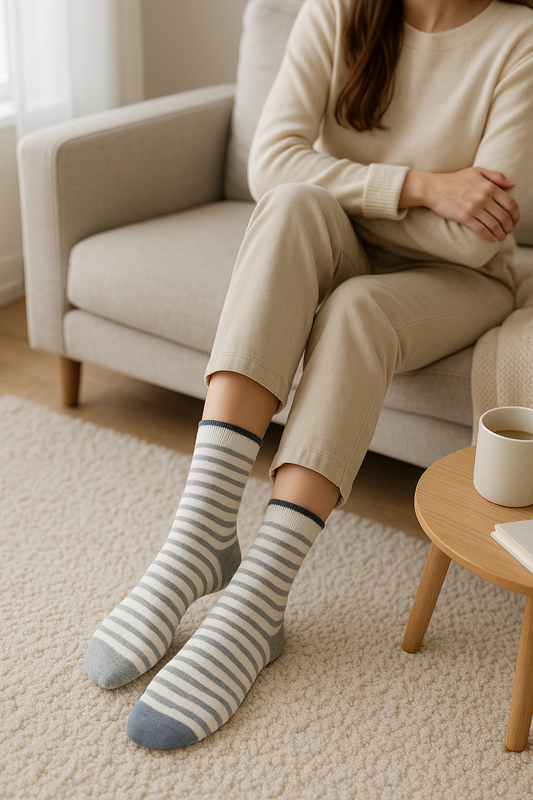 White & Grey Striped Sock with Blue Toe & Grey Heel