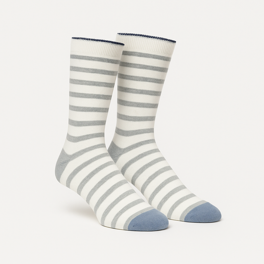 White & Grey Striped Sock with Blue Toe & Grey Heel