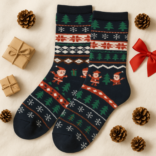 Christmas Pattern Socks – Festive Santa & Tree Design