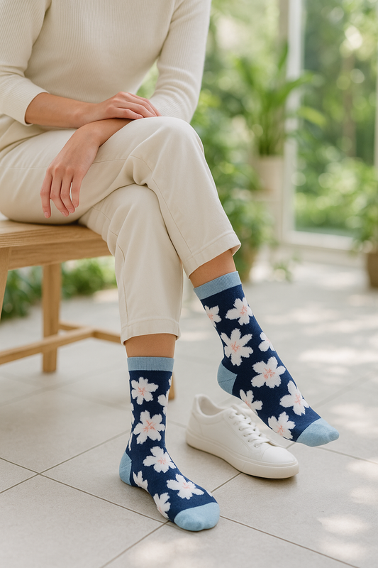 Navy Floral Bloom Socks with Sky-Blue Heel & Toe