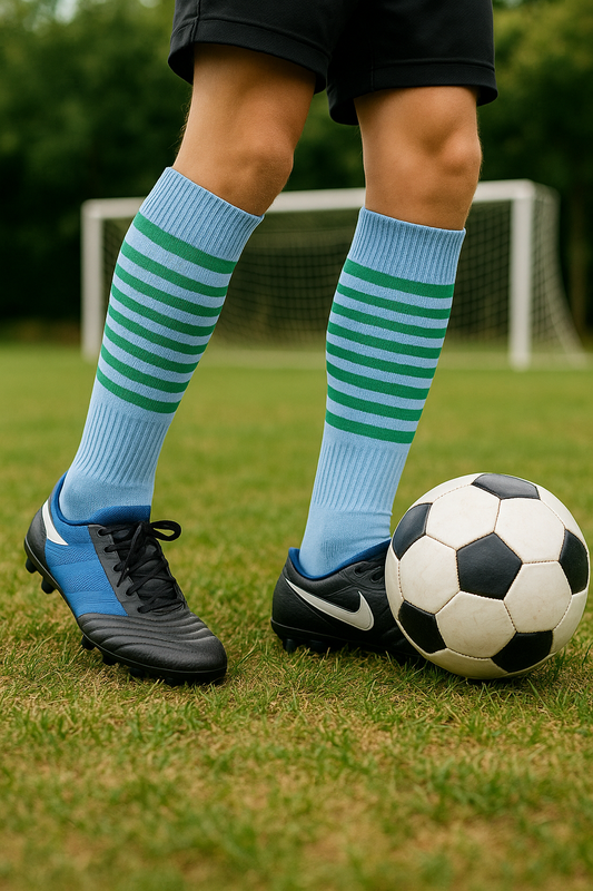 Kids Soccer Socks (Light Blue with Green Stripes