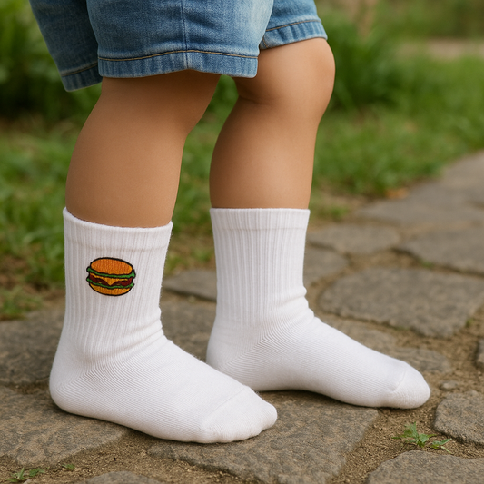 Kids White Fun Socks with Burger Motif