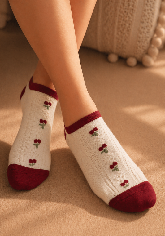 Crimson Cherry Pointelle Ankle Socks