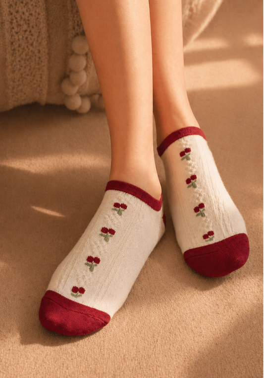 Crimson Cherry Pointelle Ankle Socks