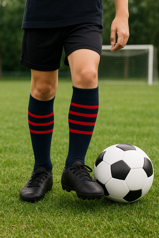 Kids Soccer Socks (Navy Blue with Red Stripes