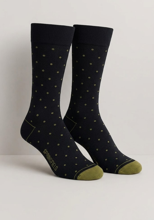 Black Crew Socks with Olive Green Accents and dots
