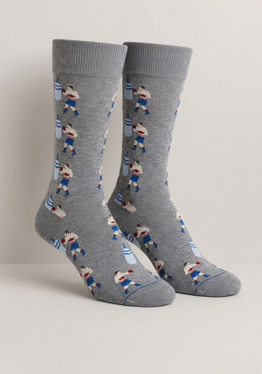 Grey Heather Crew Socks with Boxer & Punching Bag Motif