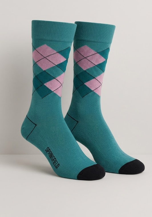 Teal Argyle Crew Socks with Lavender & Forest Green Accents