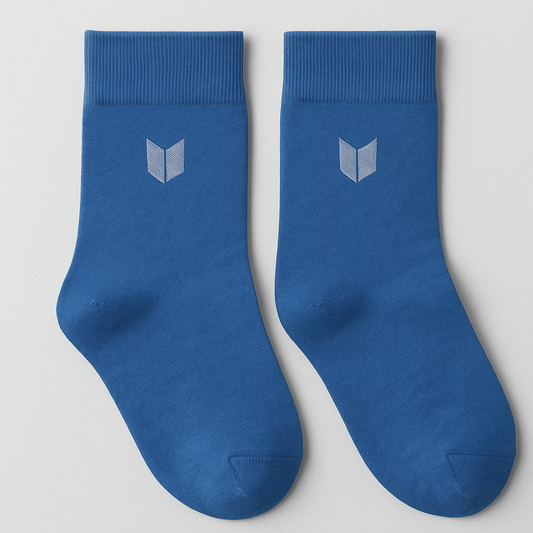Blue Dress Socks with Minimalist Grey Emblem