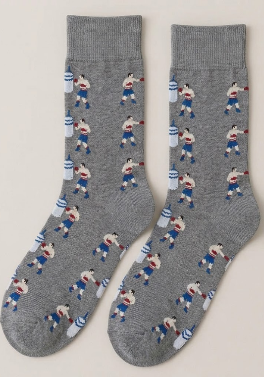 Grey Heather Crew Socks with Boxer & Punching Bag Motif