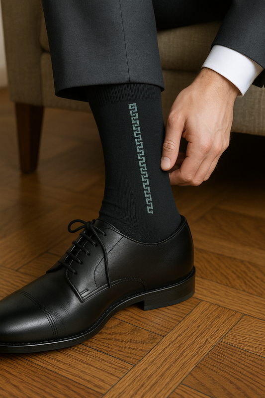 Elegant Black Dress Socks with Vertical Geometric Accent