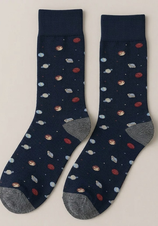 Navy Celestial Crew Socks with Multi-Color Planet Print