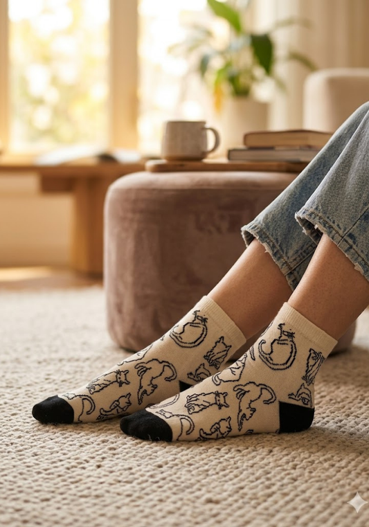 Whimsical Sketch-Print Cat Ankle Socks