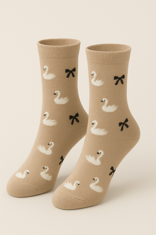 Beige Swan Pattern Socks