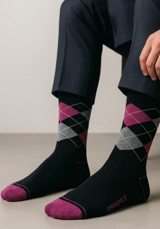 Black Argyle Crew Socks with Magenta & Grey Diamonds