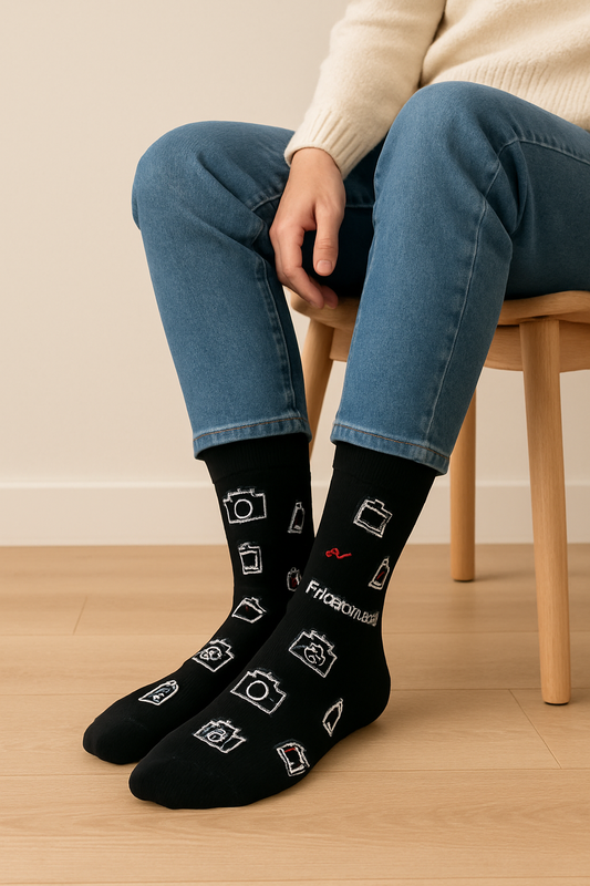Black Graphic Pattern Crew Socks