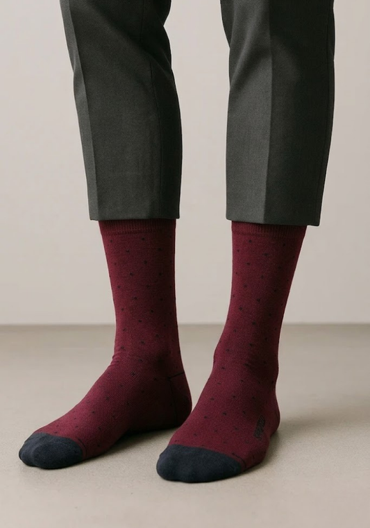 Burgundy Dot Crew Socks with Charcoal Accents