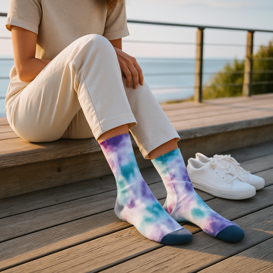 Purple & Teal Tie-Dye Crew Socks with Charcoal Heel/Toe