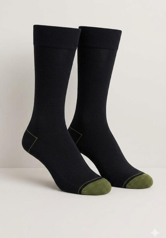 Black Crew Socks with Contrast Olive Green Toe