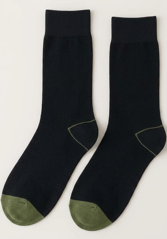 Black Crew Socks with Contrast Olive Green Toe