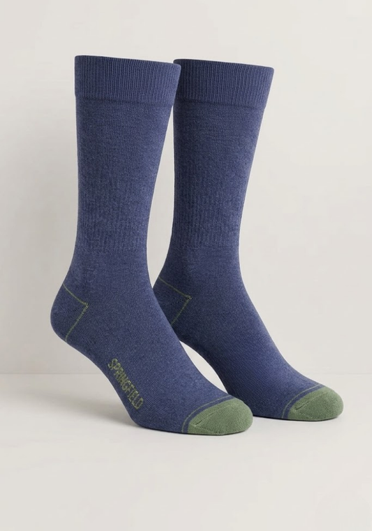 Denim Blue Heather Crew Socks with Sage Green Accents