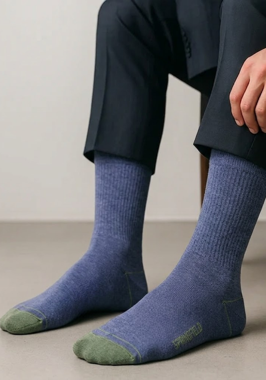 Denim Blue Heather Crew Socks with Sage Green Accents