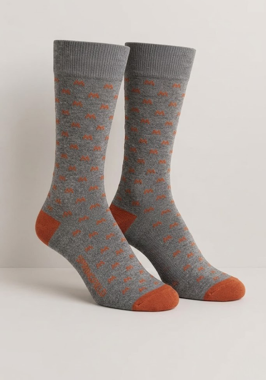 Grey Heather Crew Socks with Burnt Orange Abstract Motif