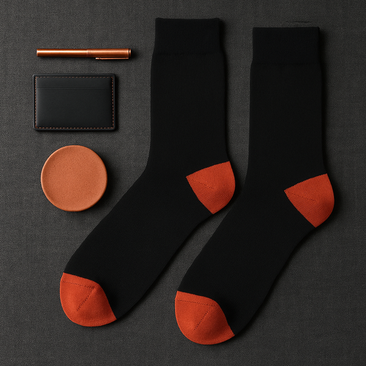 Jet Black Crew Socks with Burnt-Orange Accents