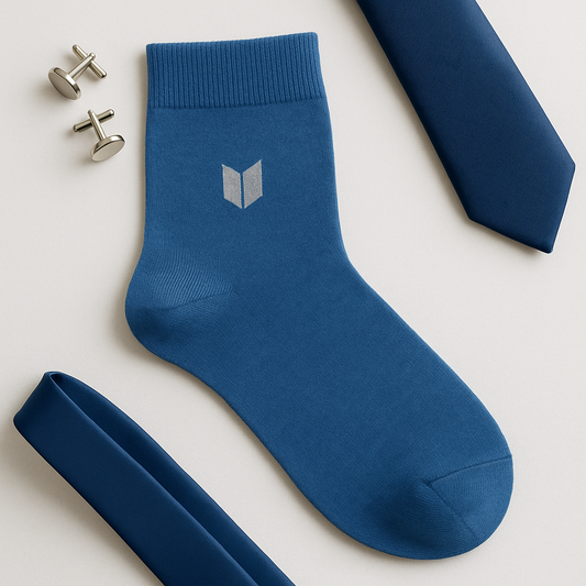 Blue Dress Socks with Minimalist Grey Emblem