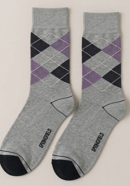 Light Grey Argyle Crew Socks with Deep Purple & Charcoal Accents