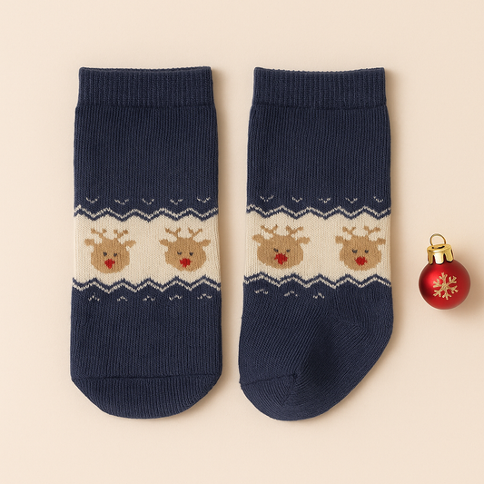Kids Navy Blue Socks with Reindeer Design