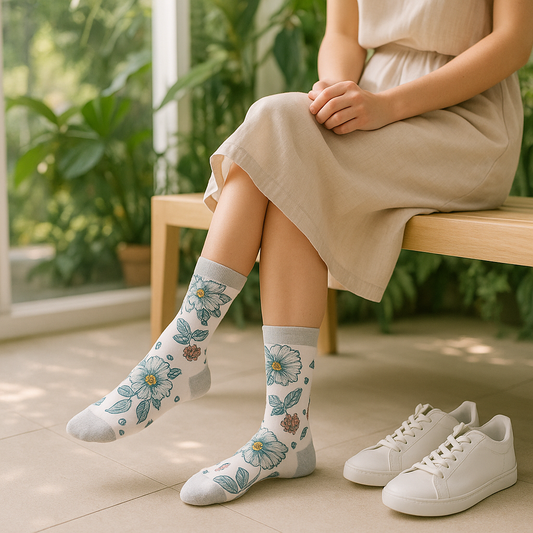 Floral Sky Dress Socks – White Base with Botanical Print