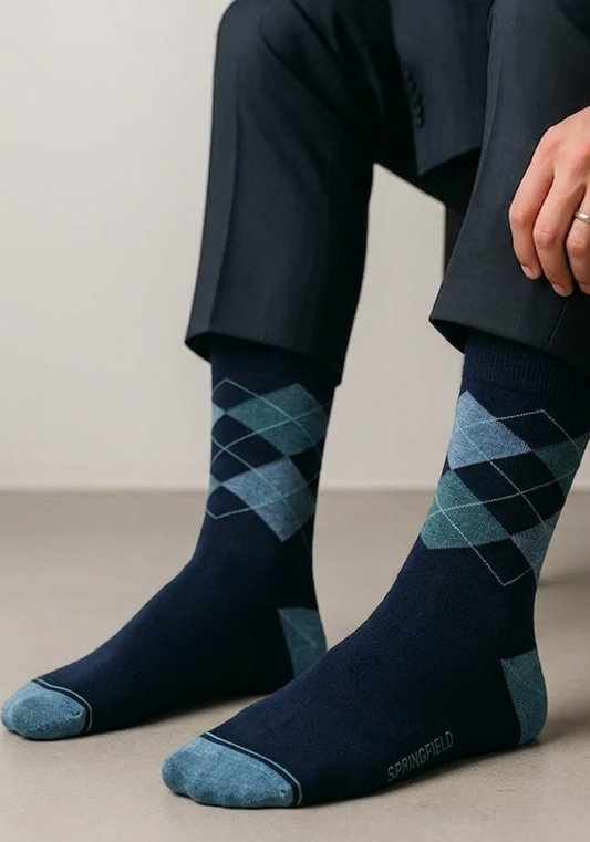 Navy Argyle Crew Socks with Slate Blue & Teal Diamonds