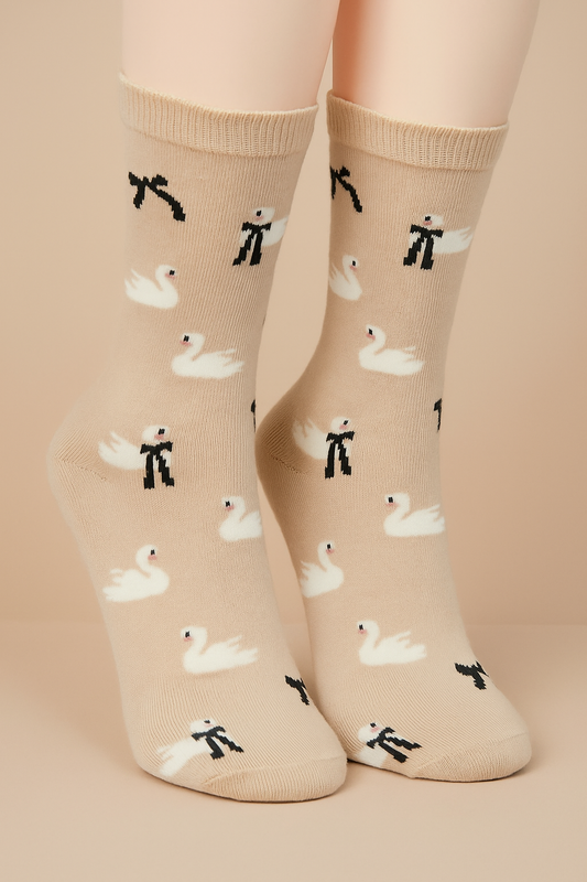 Beige Swan Pattern Socks