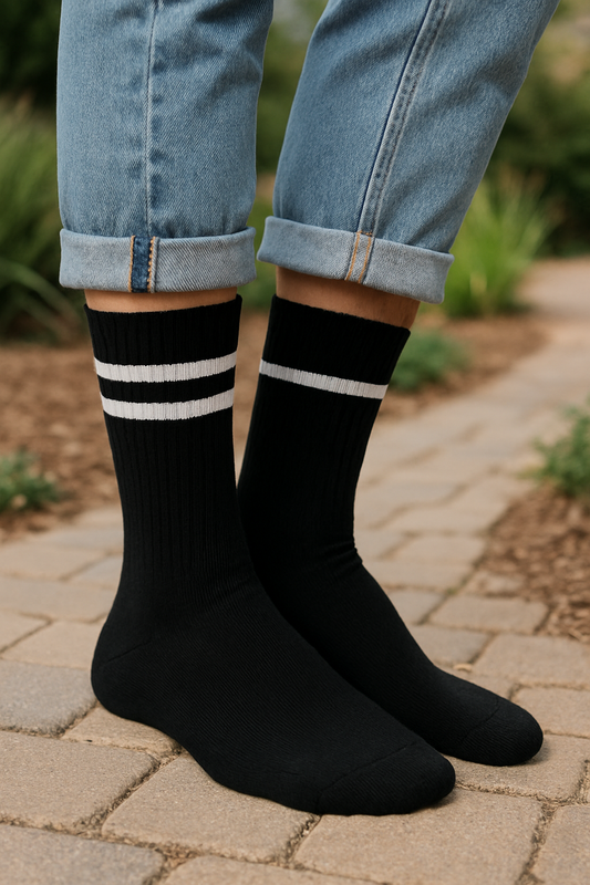 Black Double Stripe Crew Socks